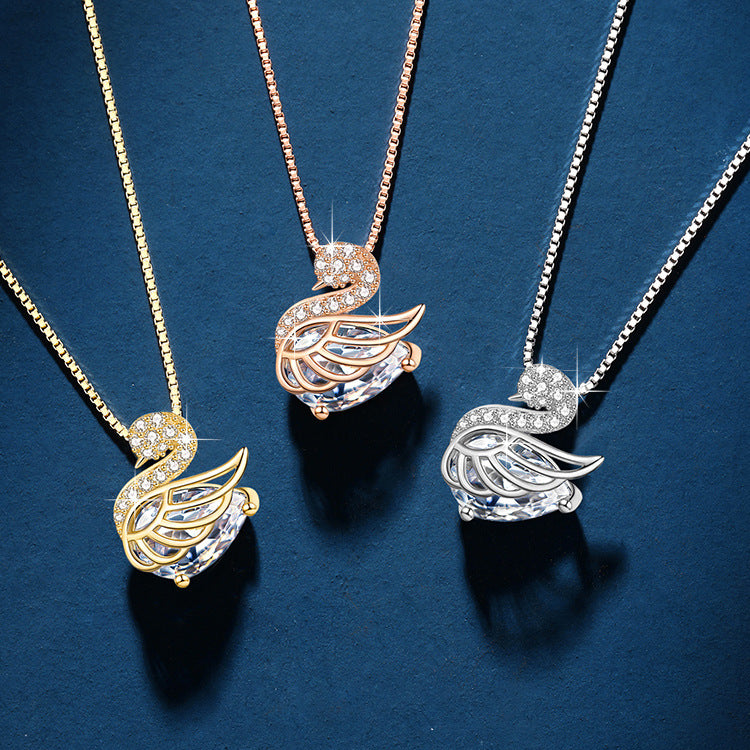 Luxury Pave Diamond Swan Pendant Necklace, 3 Colors Gold/Rose Gold/Silver Elegant Women Collarbone Chain
