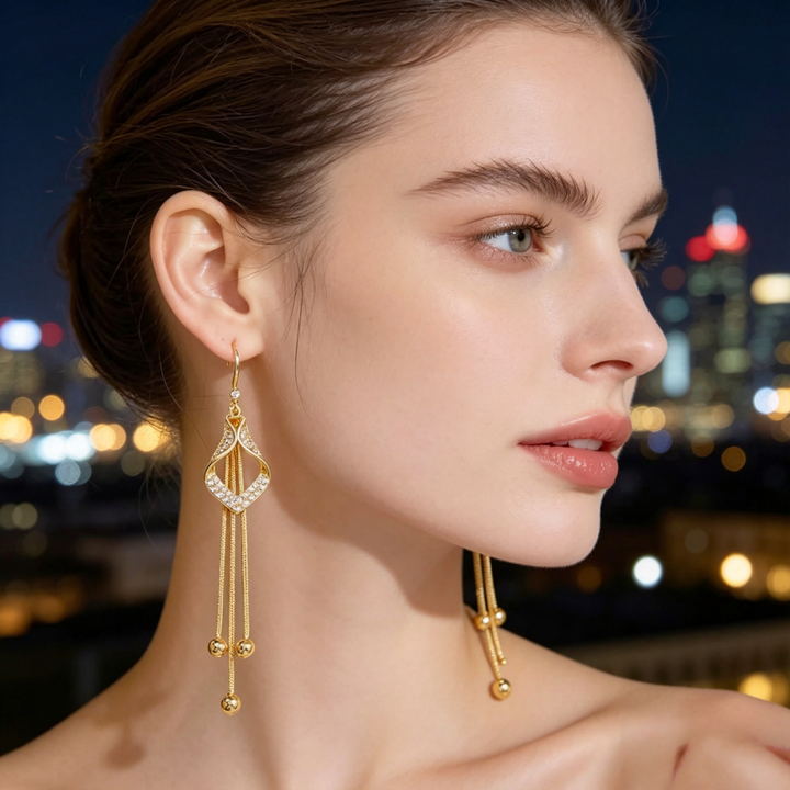 Luxury Hollow Paved Crystal Teardrop Tassel Hook Earrings, Long Snake Chain Bead Dangle Slimming Jewelry for Women