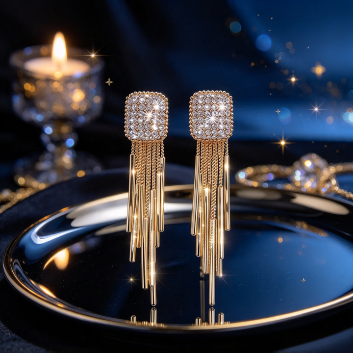 Square Pavé Long Tassel Drop Earrings
