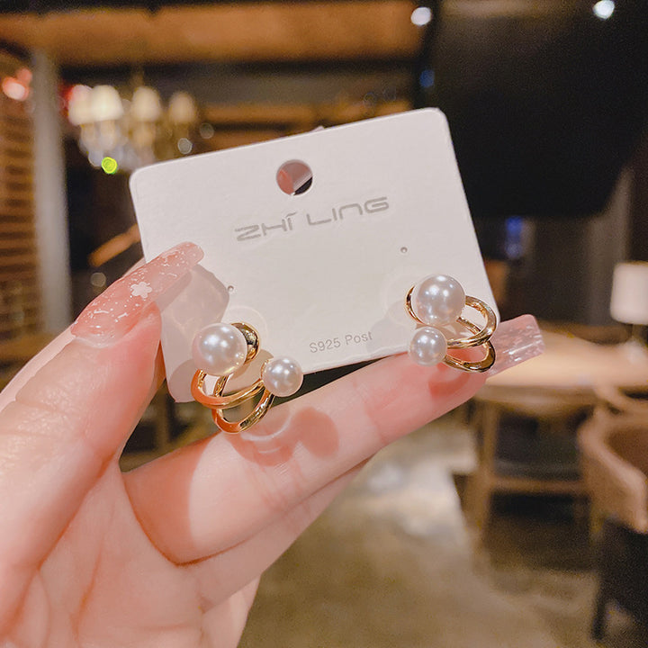 S925 Silver Double Bead Double Hoop Stud Earrings, Minimalist Luxury Geometric Earrings with Big & Small Round Beads, White & Red Bead Two Color Options