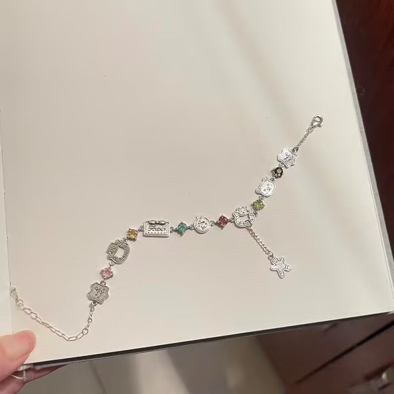 Cute Cartoon Charm Multi-Color Diamond Bracelet (Antique Silver Y2K Women's Chain)