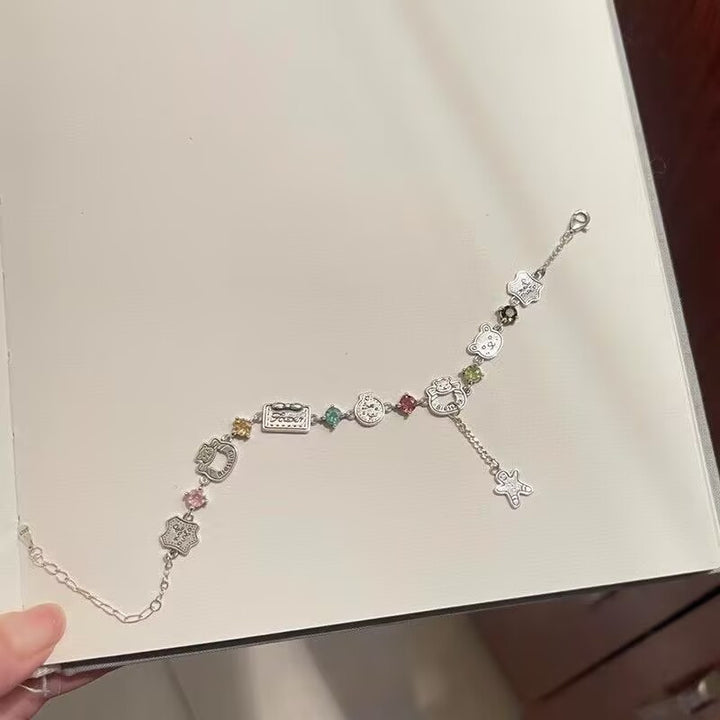 Cute Cartoon Charm Multi-Color Diamond Bracelet (Antique Silver Y2K Women's Chain)