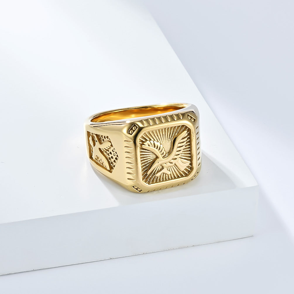 Vintage Embossed Eagle Square Men Ring, Gold & Silver Retro Wide Band Business Statement Signet Ring