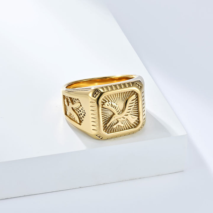 Vintage Embossed Eagle Square Men Ring, Gold & Silver Retro Wide Band Business Statement Signet Ring