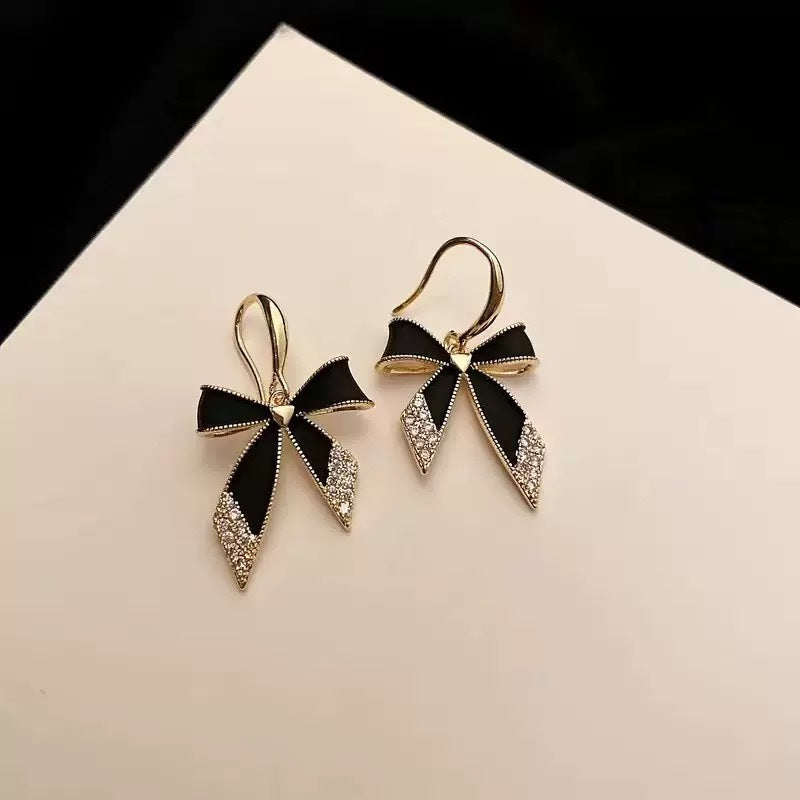 Black Enamel & Diamond Bow Drop Huggie Earrings (Gold Tone Elegant Statement Hoops)