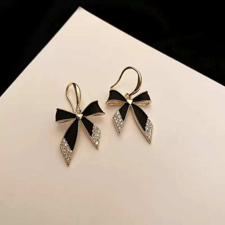 Black Enamel & Diamond Bow Drop Huggie Earrings (Gold Tone Elegant Statement Hoops)