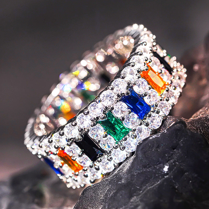 Rainbow Double-Row Pavé Diamond Ring (Hip-Hop Luxury Men's Band)