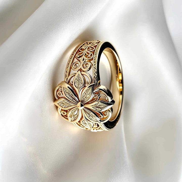Vintage Hollow Eight-Petal Flower Wide Band Ring, Gold & Silver European Palace Plain Carved Heavy Craft  Ring