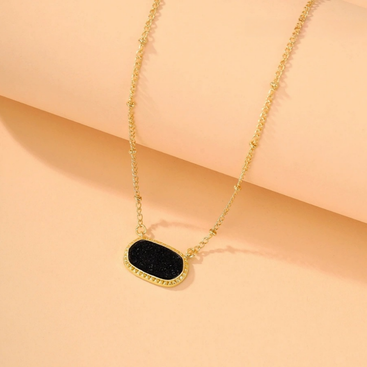 Rectangular Druzy Crystal Pendant Necklace, 14K Gold & Silver Dainty Satellite Chain, Sparkly Crushed Crystal Trendy Necklace, Multiple Colors Available