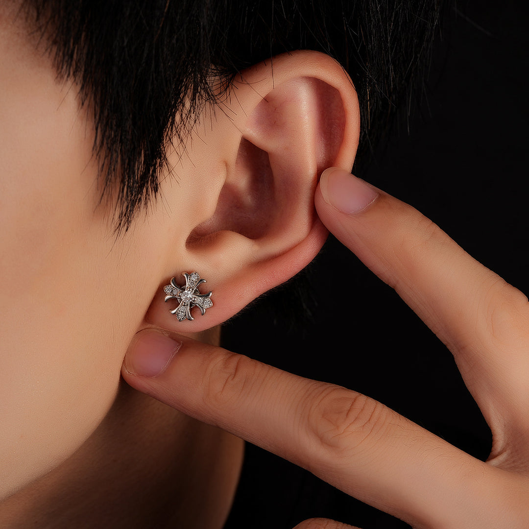 Vintage Cross Pavé Stud Earrings (Clip-On Punk Niche Jewelry)