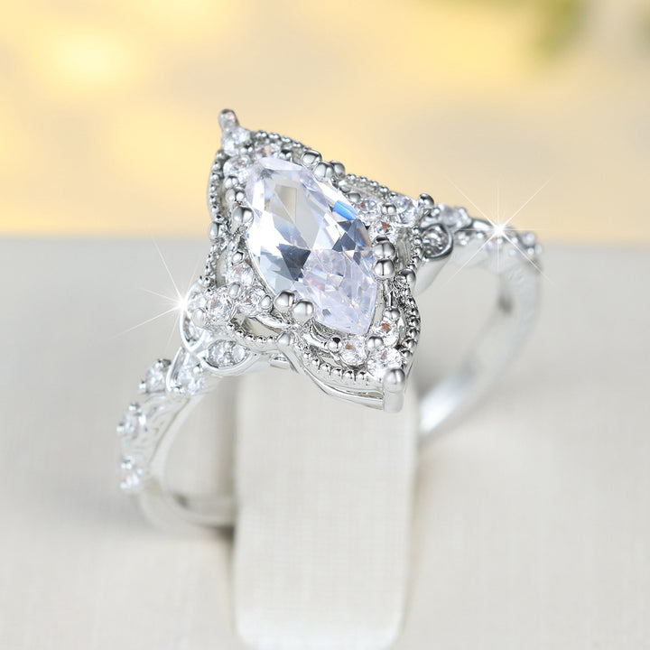 S925 Silver Vintage Marquise Diamond Ring, Ornate Hollow Carved Engagement Women’s Band