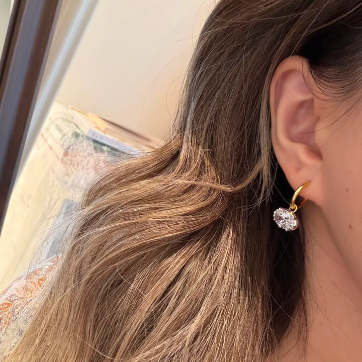 Oval Diamond Charm S925 Silver Huggie Earrings, Gold & Silver Two Tones Minimalist Oval Stone Dangle Earrings