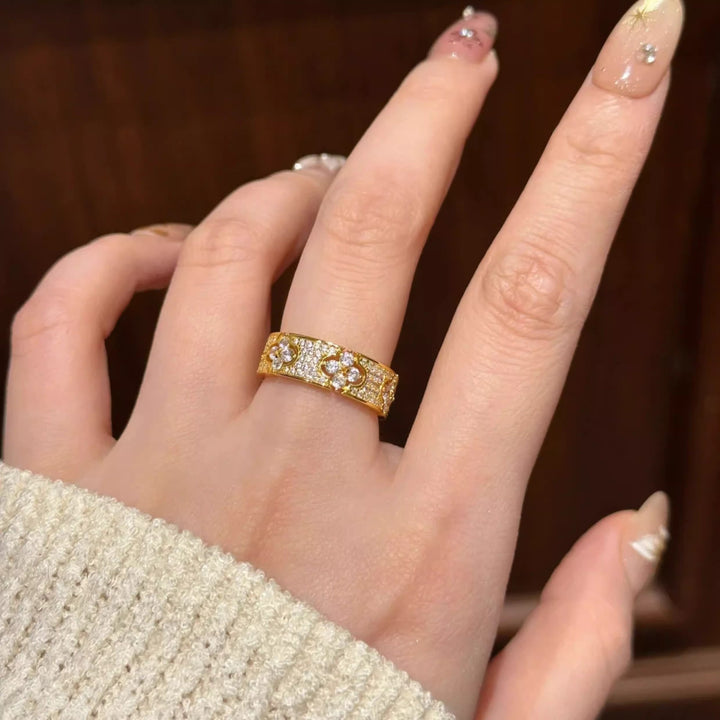 Vintage Paved Diamond Spliced Open Wide Ring, Gold & Silver Luxury Carved Adjustable Band for Women