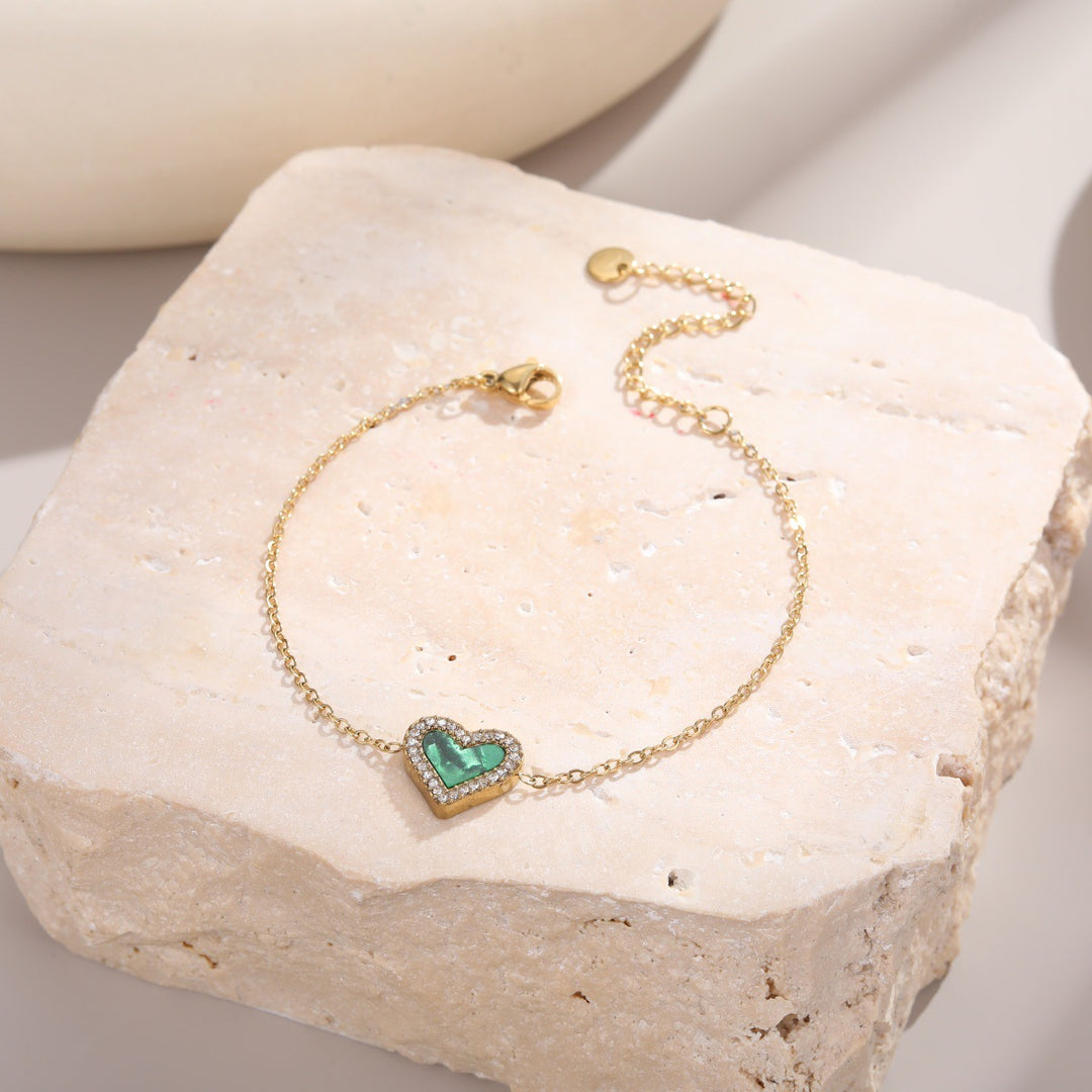 White Shell & Diamond Heart Pendant Necklace & Bracelet Set (Elegant Daily Jewelry Set)