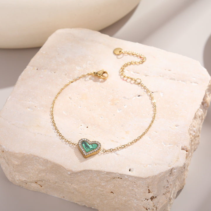 White Shell & Diamond Heart Pendant Necklace & Bracelet Set (Elegant Daily Jewelry Set)