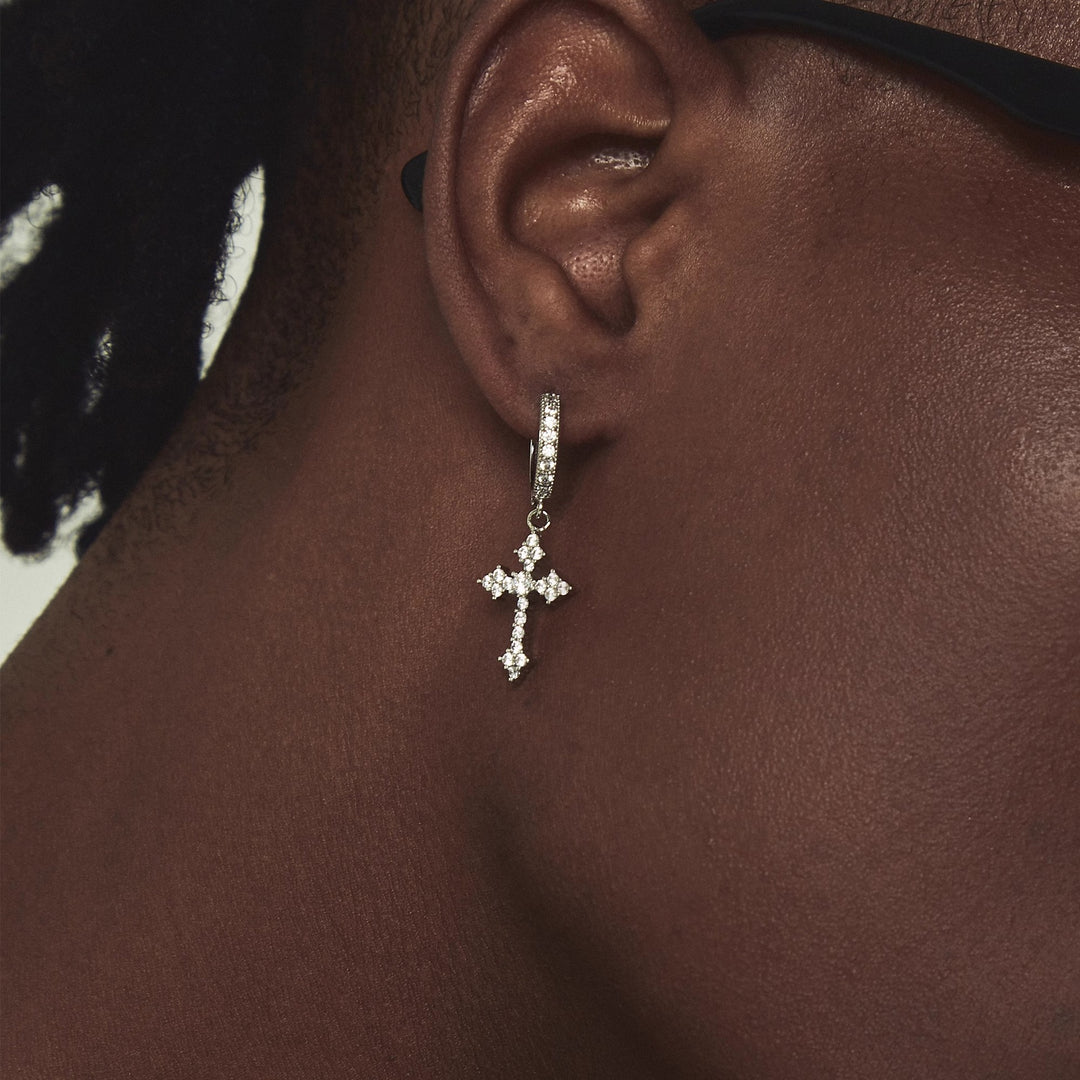 Full Paved Diamond Cross Hoop Earrings, Gold & Silver Luxury Rhinestone Cross Drop Hoops