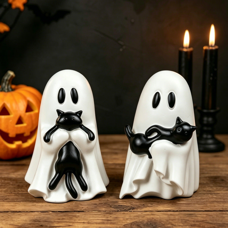 Ghost With Interchangeable Black Cat Figurine, Halloween Home Decor