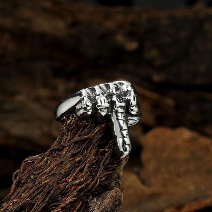 Vintage Sculpted Fist Ring, S925 Silver Antiqued Punk Skull Gesture Statement Band For Men