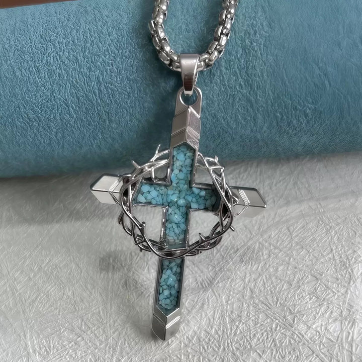 Thorn Wrapped Turquoise Chip Cross Necklace, Gold & Silver Vintage Punk Necklace for Men