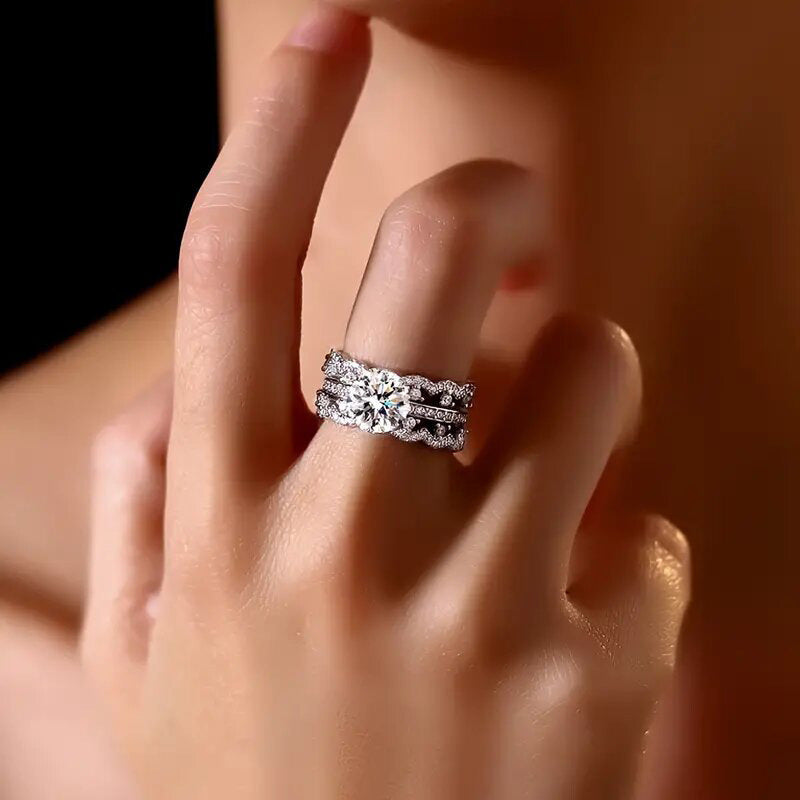 Silver‑Tone Wave Full‑Pavé Stackable Ring Set