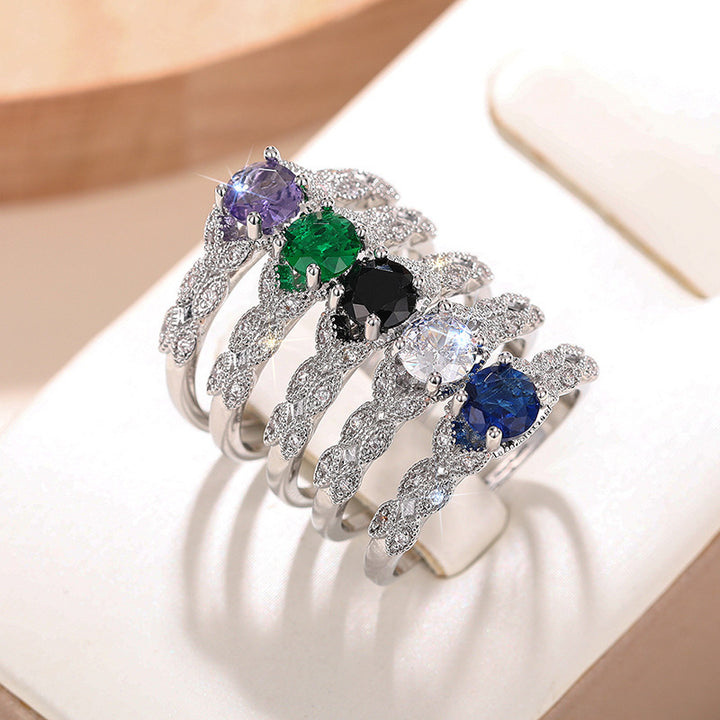 Four‑Prong Main Stone Leaf‑Shaped Pave Silver Ring, Multi‑Color Options
