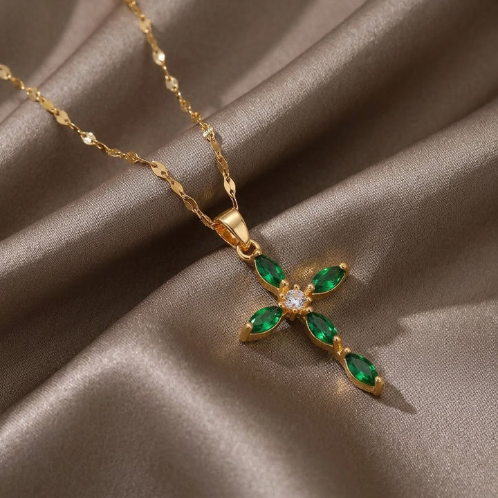 Marquise‑Cut Colored Diamond Cross Pendant Choker Necklace, 3‑Color Options