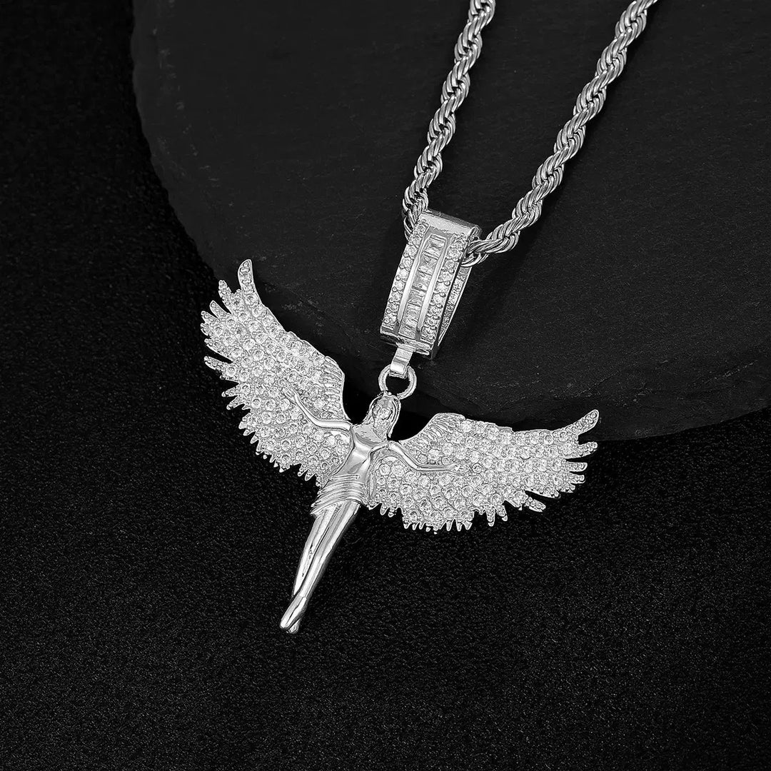 Iced‑Out Spread‑Wings Angel Pendant Hip‑Hop Necklace, Gold & Silver Two‑Tone Options