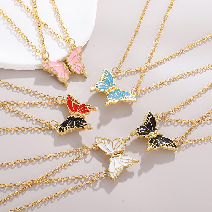 Color Enamel Butterfly Clavicle Necklace, Multi-Color Gold Border Minimal Pendant Necklace for Women