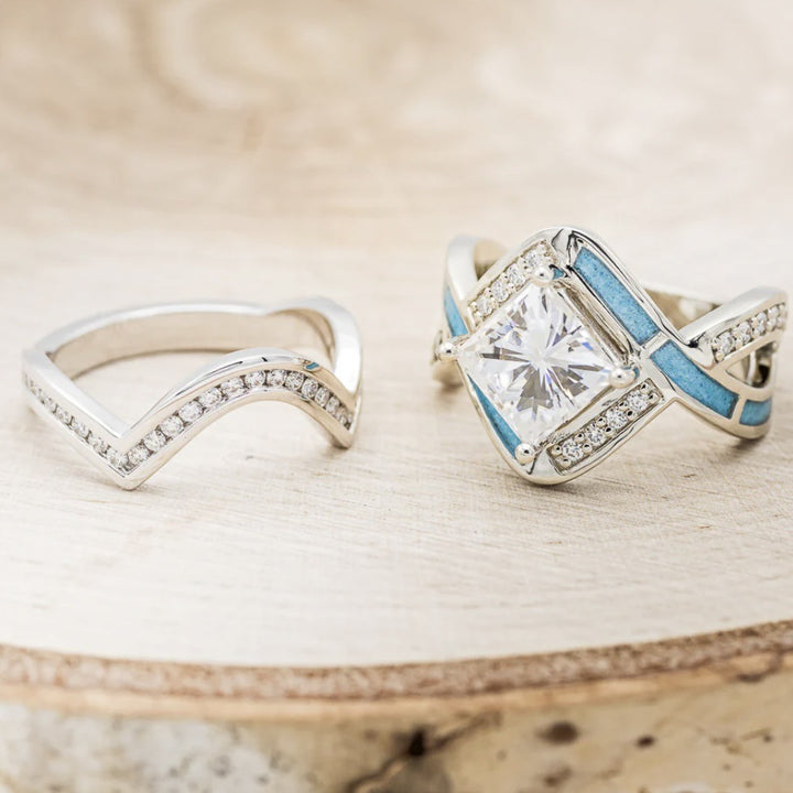 Native American Style Turquoise Inlay Diamond Stackable Ring Set, Square Gem Luxury Engagement Stacking Band