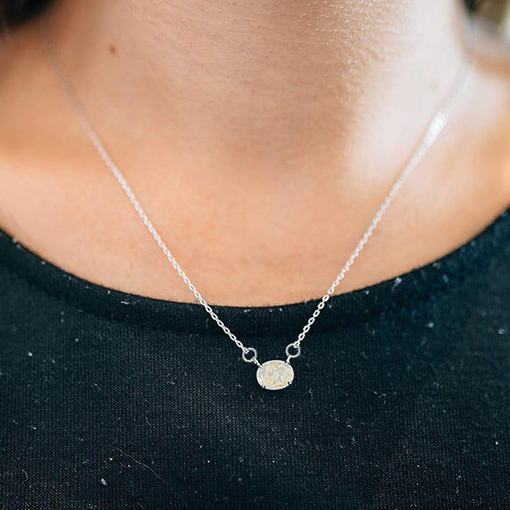 Luxury Opal Oval Solitaire Necklace (Versatile Silver Tone Clavicle Chain)