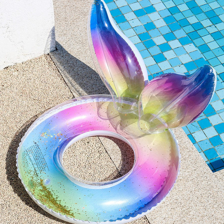 Mermaid Tail Inflatable Swim Ring, Gradient Glitter Fish Scale Print Adult Water Float for Pool Beach Photography