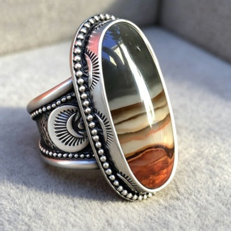 Western Style Oval Landscape Agate Vintage Totem Wide Ring, S925 Silver Antiqued Native Ethnic Men’s Band