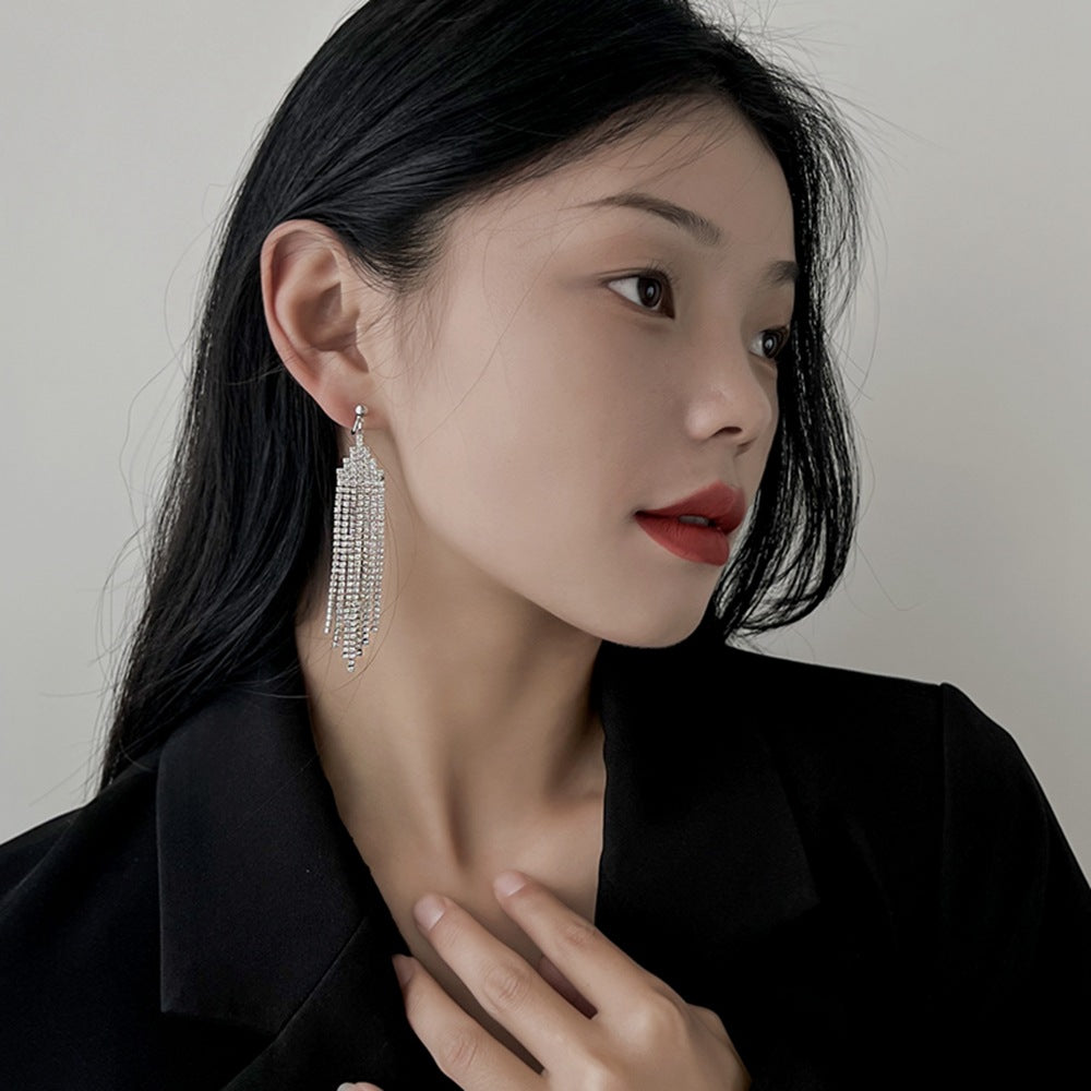 Tiered Paved Diamond Long Tassel Earrings, Silicone Clip-On & Hook Versions Gold Silver Sparkling Banquet Dangle Jewelry