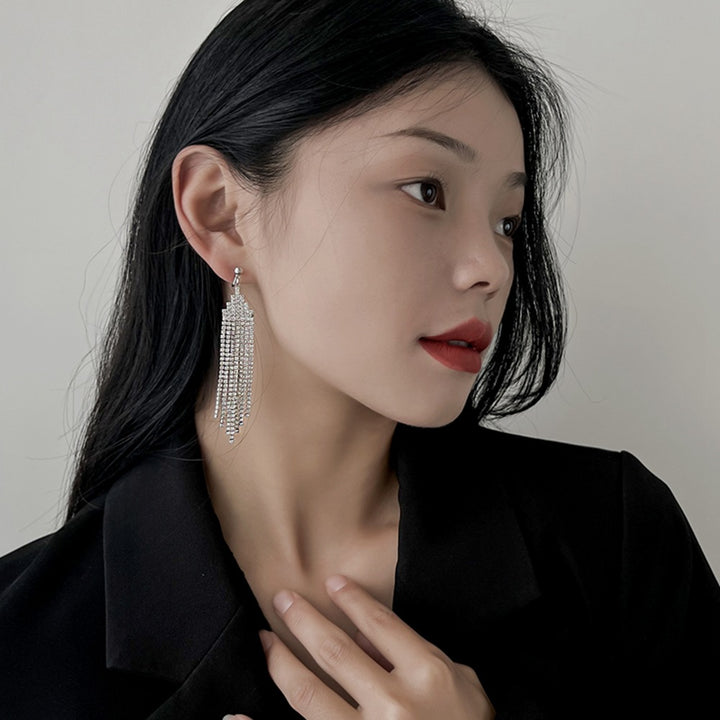 Tiered Paved Diamond Long Tassel Earrings, Silicone Clip-On & Hook Versions Gold Silver Sparkling Banquet Dangle Jewelry