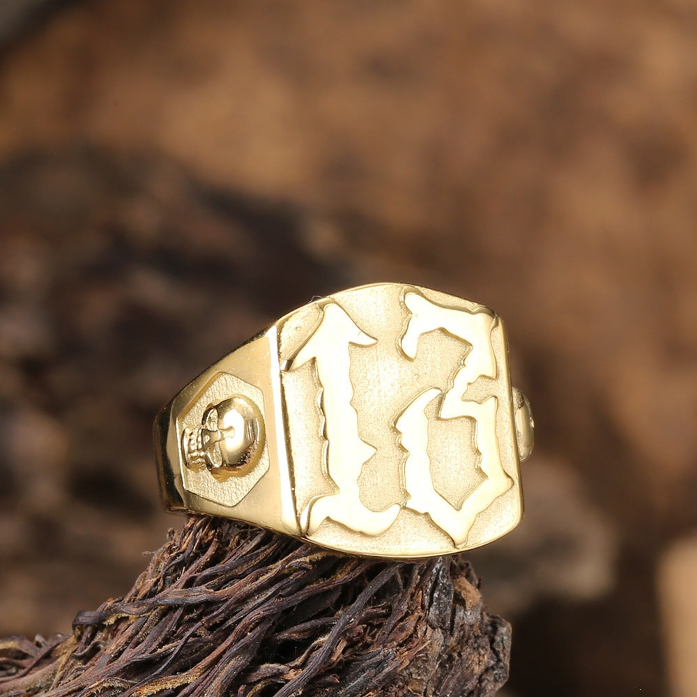 Vintage Number 13 Skull Signet Ring, S925 Silver Antiqued Punk Biker Statement Band For Men