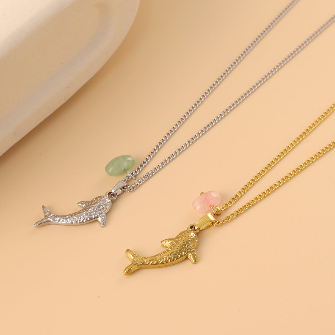 Textured Dolphin Natural Jade Collarbone Necklace, Pink Quartz & Green Aventurine, Gold & Silver Two-Tone Ocean Style Thin Chain