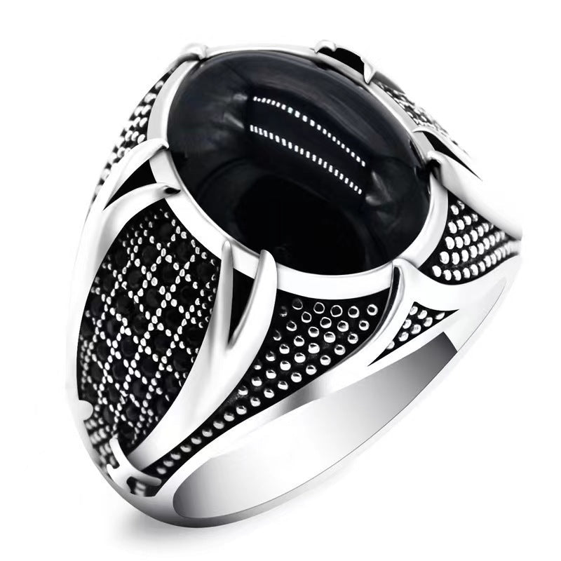 Vintage Antiqued Claw Oval Gem Men’s Wide Ring, Solid S925 Silver 3 Natural Stone Heavy Statement Band