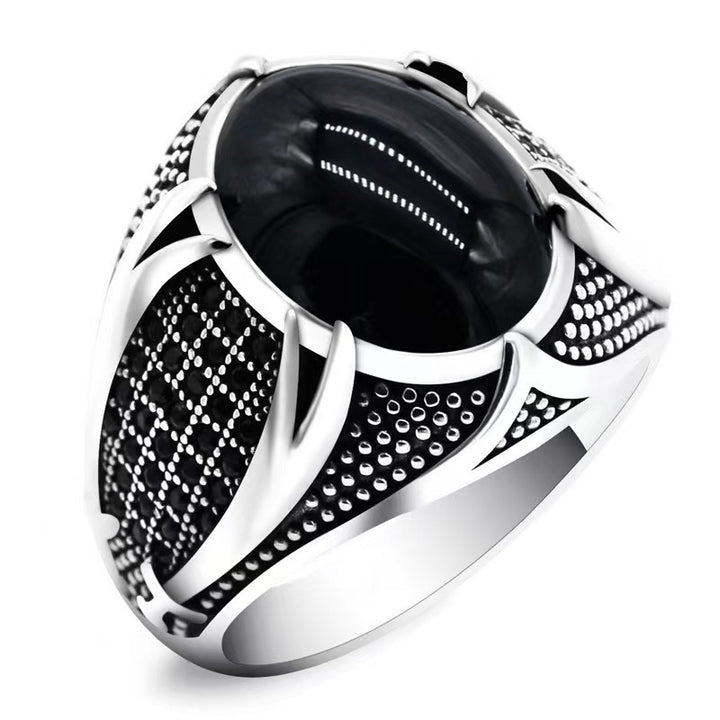 Vintage Antiqued Claw Oval Gem Men’s Wide Ring, Solid S925 Silver 3 Natural Stone Heavy Statement Band