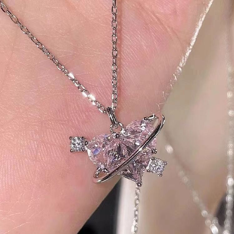 Planet Heart Diamond Necklace, Sweet Saturn Wrapped Heart Collarbone Chain, Pink & Clear Diamond Available
