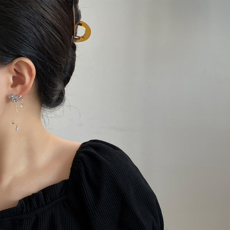 Light Blue Crystal Flower Tassel Stud Earrings, Fresh Blue Diamond Floral Long Chain Earrings, Gold & Silver Two Tones Available