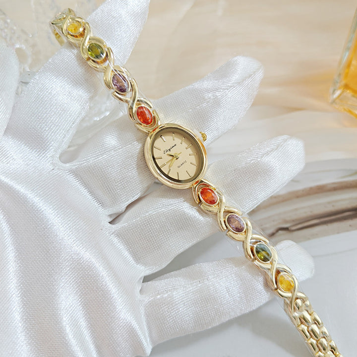 Oval Dial Colored Gemstone Bracelet Style Quartz Watch (Luxury Elegant Women's Wristwatch)