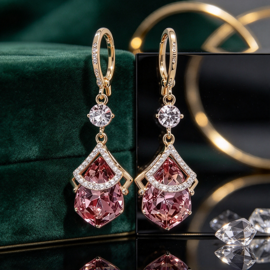 Pink Teardrop Diamond Drop Hoop Earrings