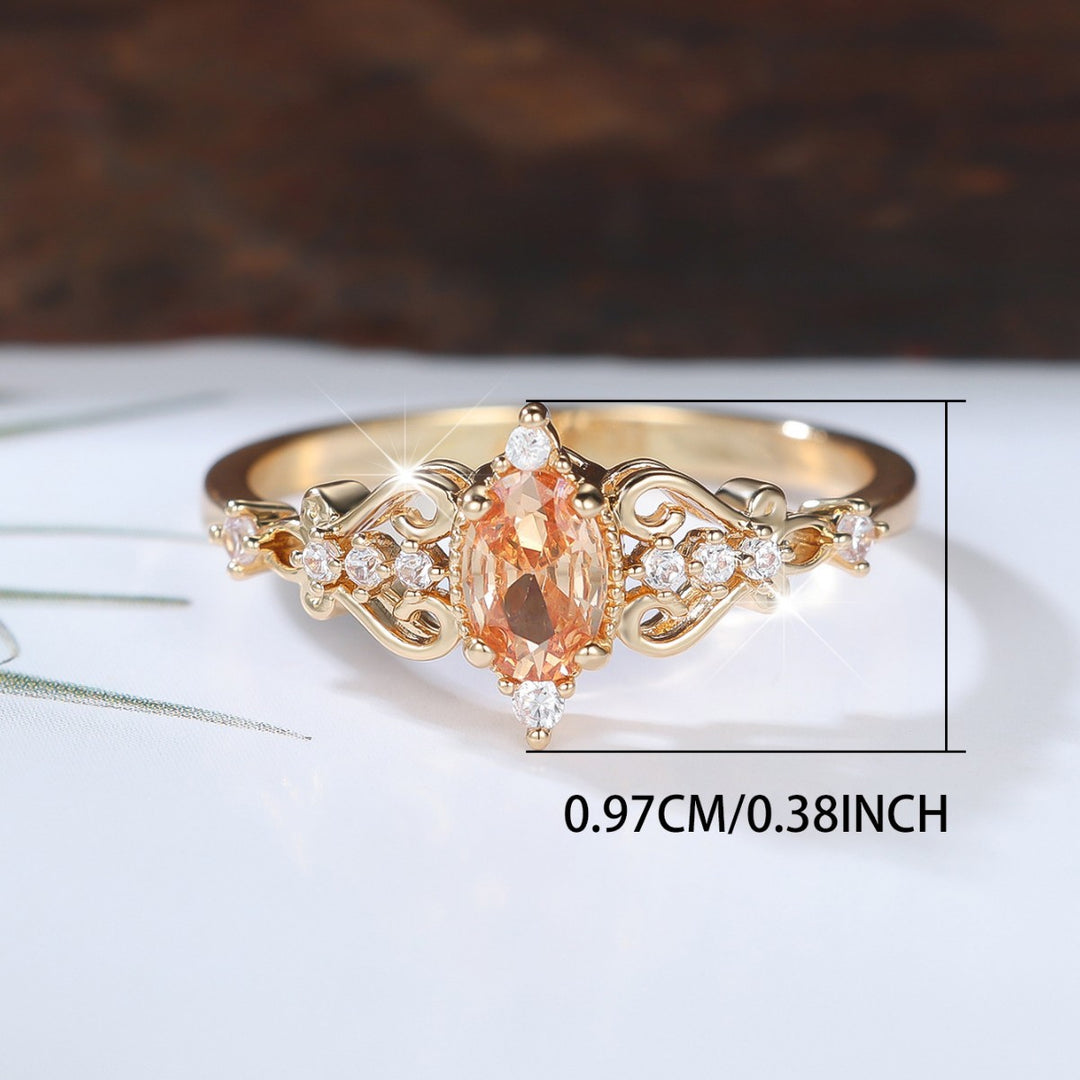 Vintage Vine Hollow Oval Champagne Diamond Ring, Luxury Court Style Gold Plated Delicate Thin Band for Women