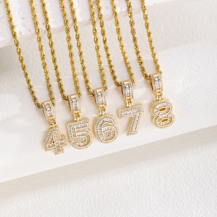 Iced-Out Number Pendant Necklace (Gold Tone Hip-Hop Style Twisted Chain)