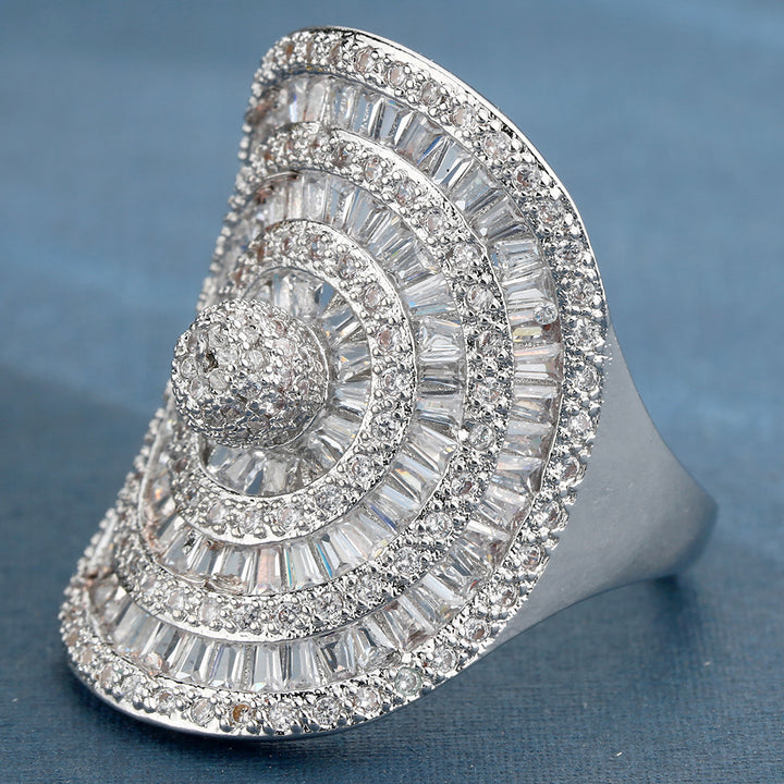 Multi-Layer Baguette Diamond Square Ring, European Royal Heavy Paved Statement Ring for Women