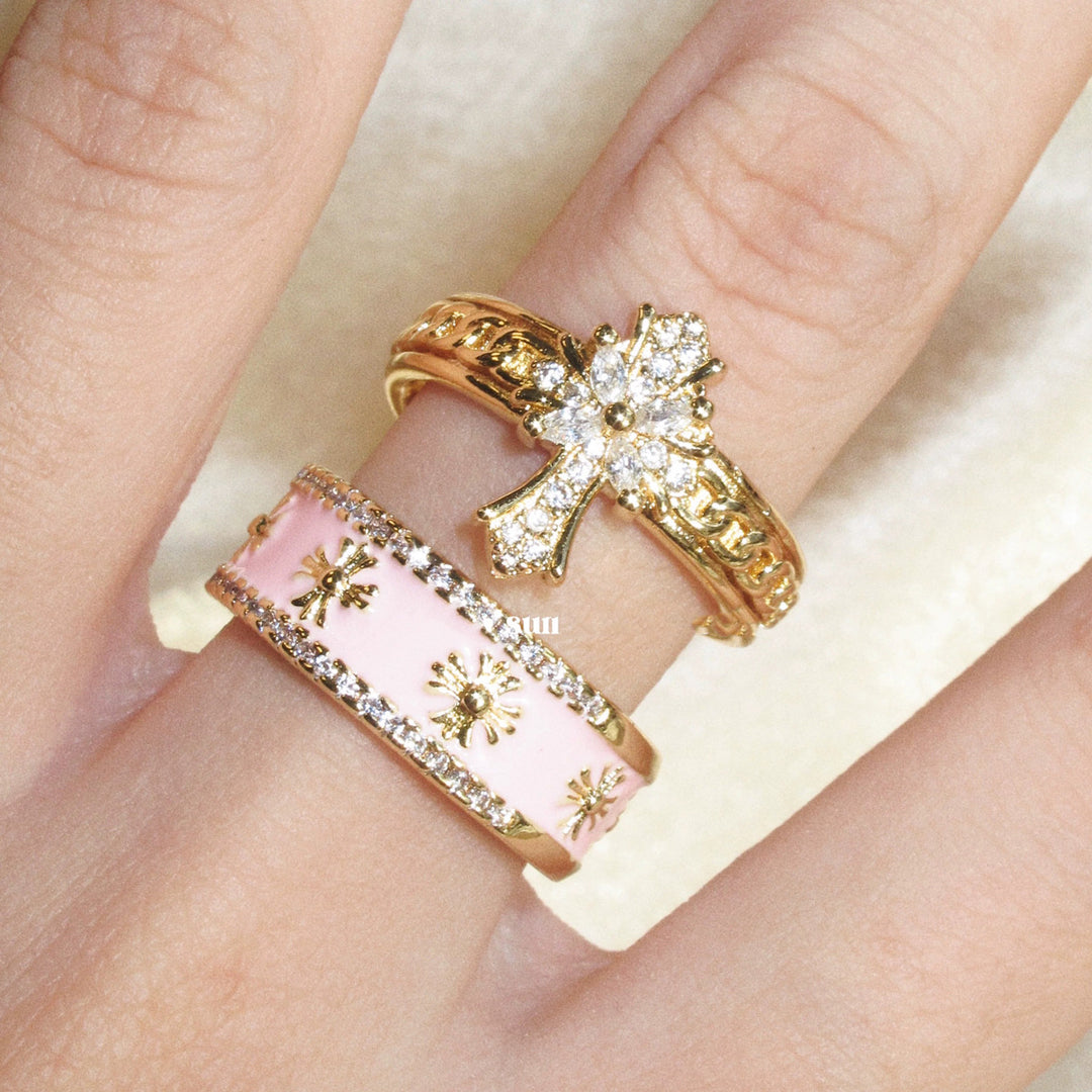 Vintage Rose Diamond Gold Tone Ring (French Romantic Statement Band)