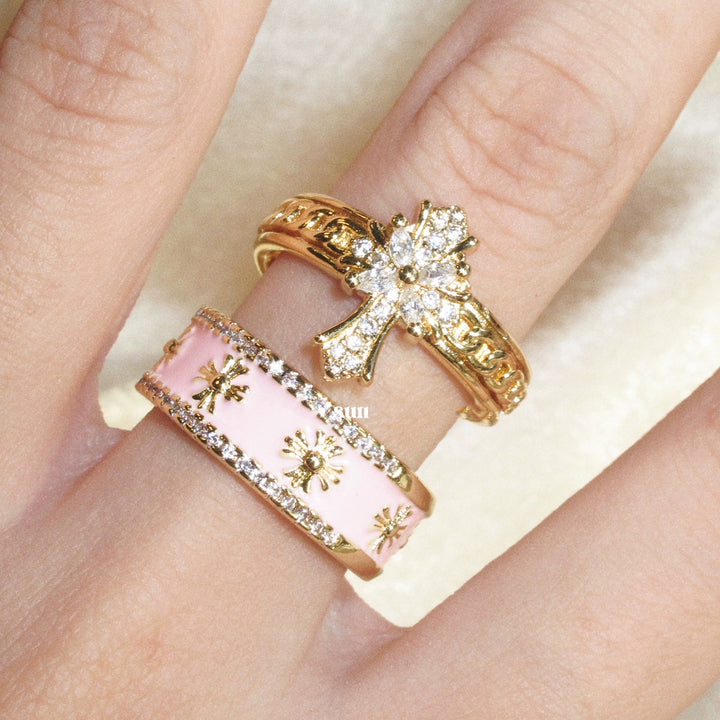 Vintage Rose Diamond Gold Tone Ring (French Romantic Statement Band)