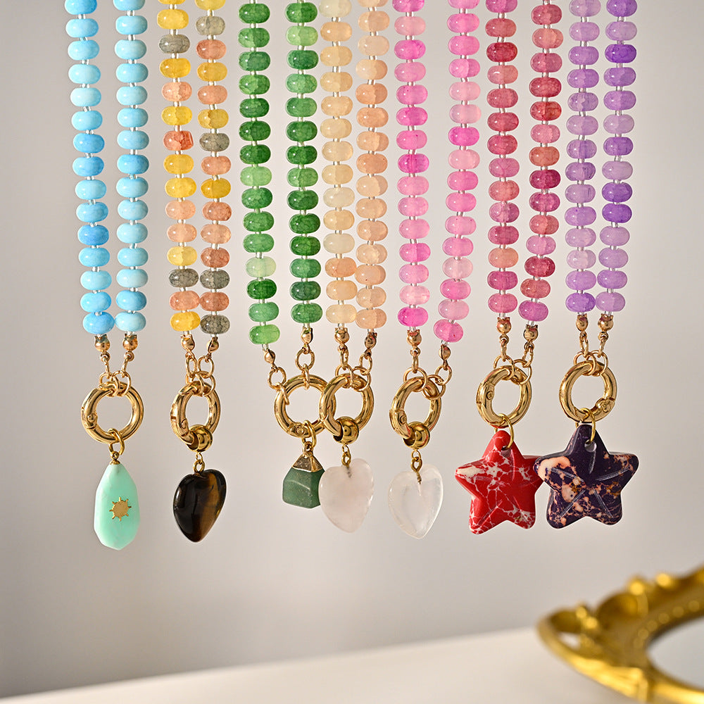 Dopamine Rainbow Beaded Pendant Necklace (Multi-Color Natural Stone Choker)