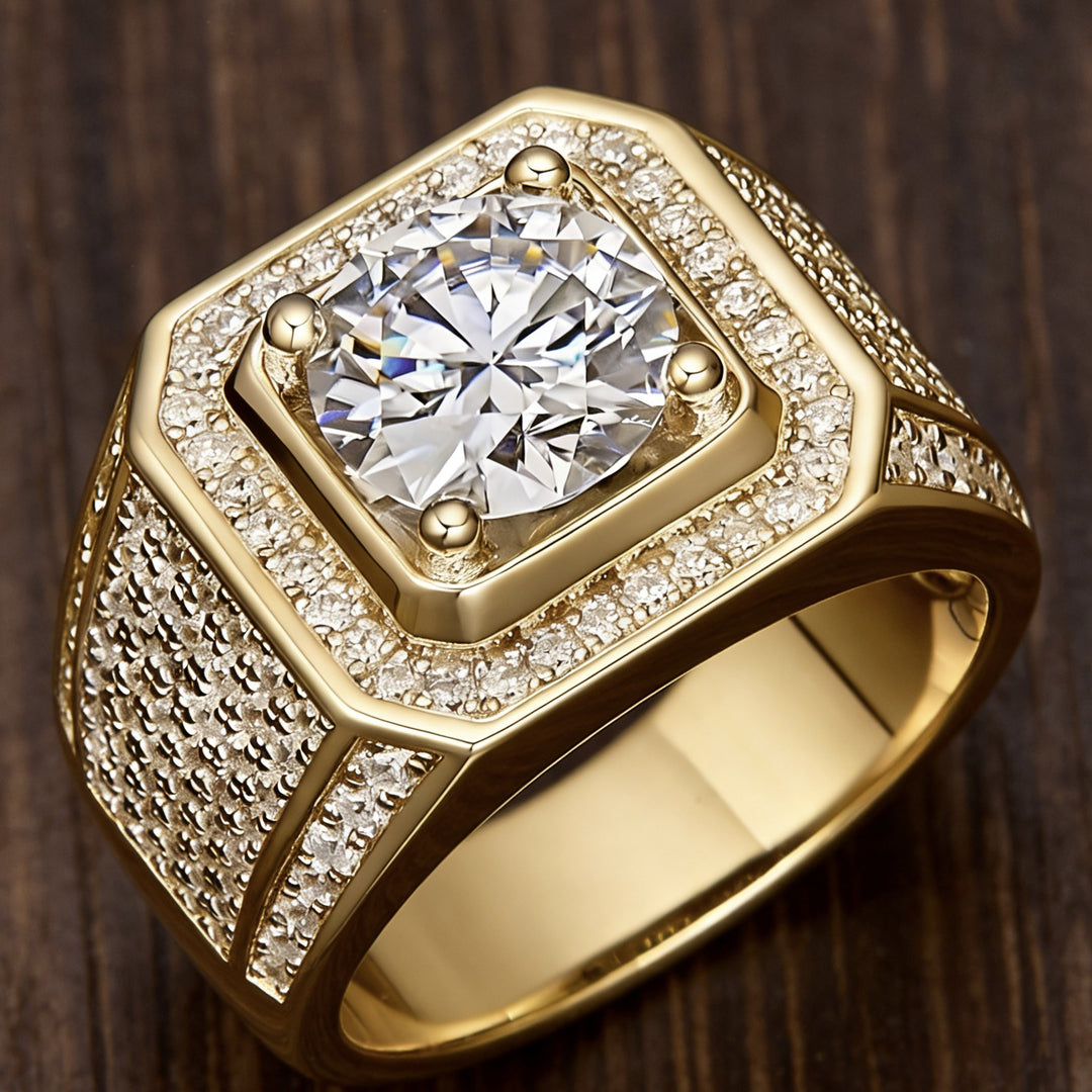 Heavy Square Halo Main Stone Men Ring, European Wide Full Paved Diamond Business Statement Band for Men