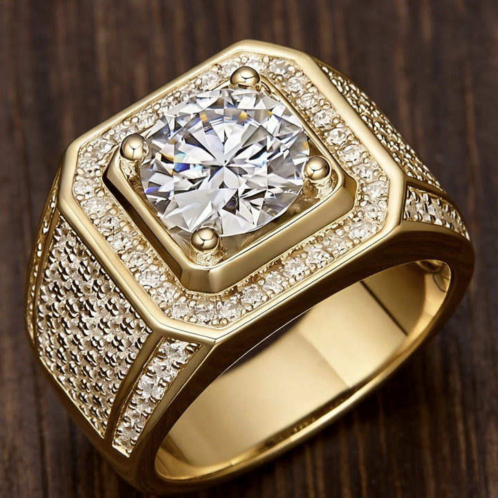 Heavy Square Halo Main Stone Men Ring, European Wide Full Paved Diamond Business Statement Band for Men